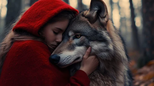 Girl and Wolf Embrace in Forest