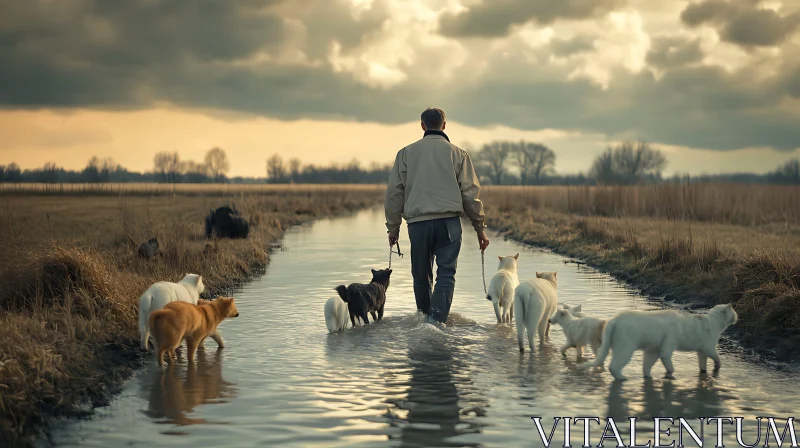 Man and Dogs Traversing a Waterlogged Path in Open Field AI Image