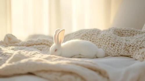 Albino Rabbit Lounging on Bed