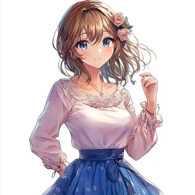 Anime Girl with Flowers and Fashionable Outfit