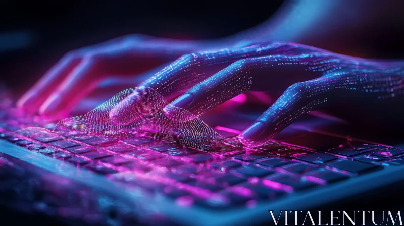 Hands Coding on Keyboard with Neon Lights AI Image