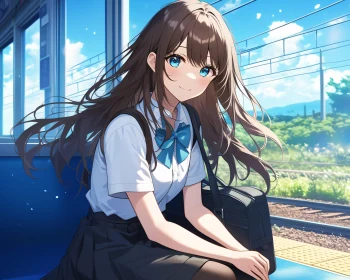 Schoolgirl at a Sunny Train Station