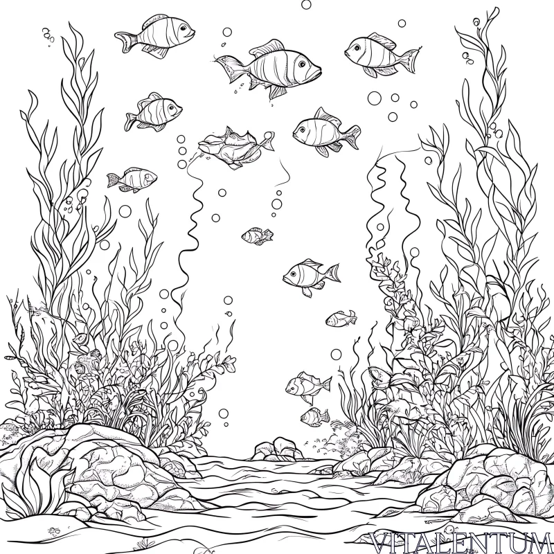 AI ART Underwater monochrome drawing with fish and seaweed