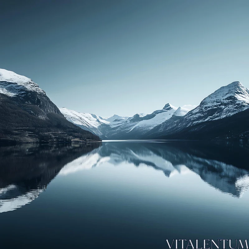 AI ART Snowy Mountains Reflected in Calm Lake