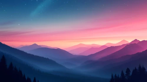 Layered Mountains Pink and Blue Sunset