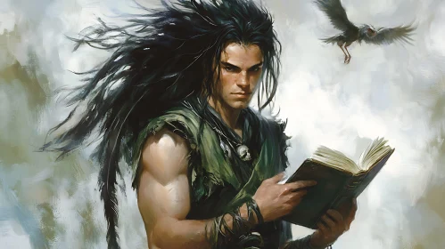 Dark-Haired Man and Raven Illustration