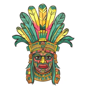 Stylized Aztec Mask with Feather Headdress