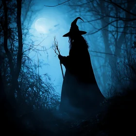 Mysterious Witch in Forest at Night