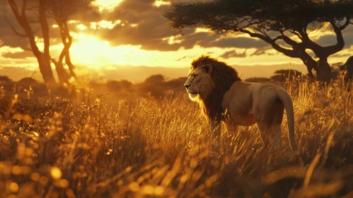 Lion in Golden Savannah Sunset