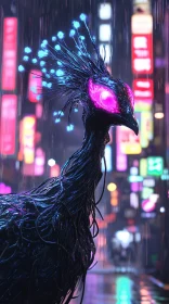 Cybernetic Bird in Neon Nightscape