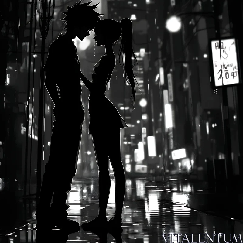 Romantic Anime Silhouette in Urban Night Setting AI Image