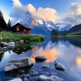 Mountain Lake Cabin Reflection