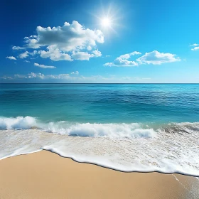 Sunny Beach with Waves and Blue Sky