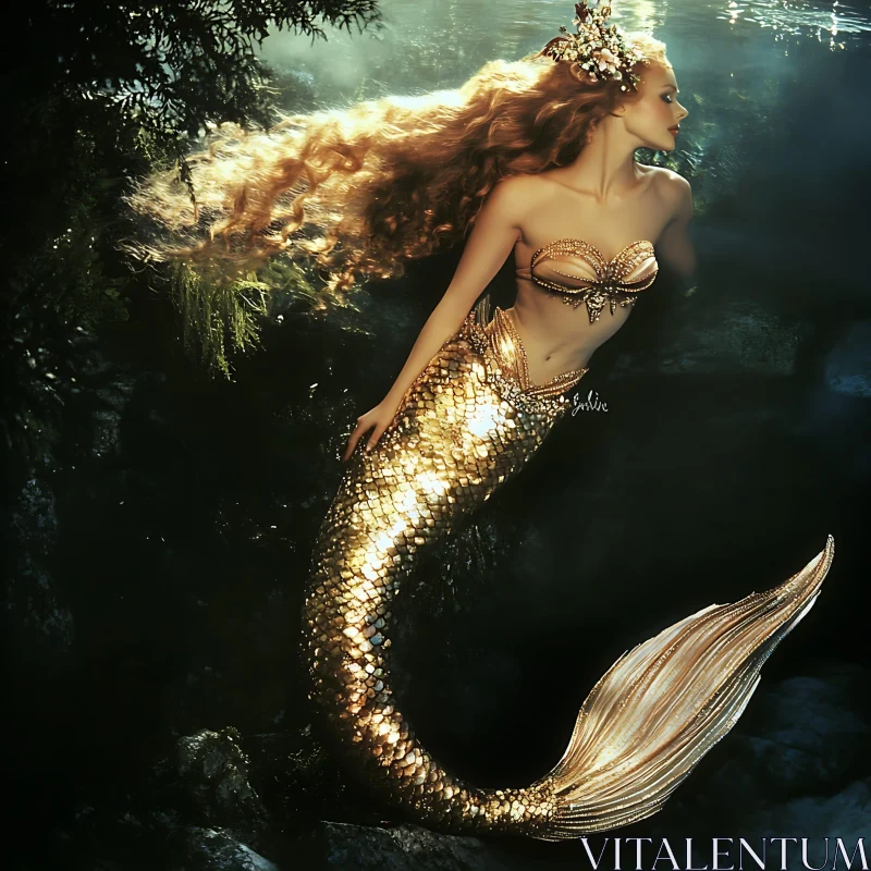 Glistening Mermaid in the Deep Blue AI Image