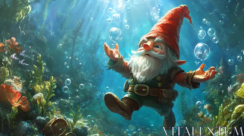 AI ART Underwater Gnome with Bubbles