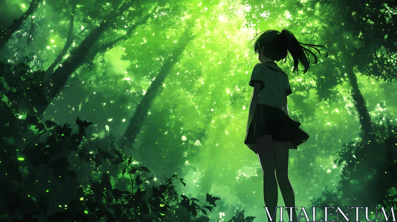 Anime Girl in Sunlit Forest AI Image