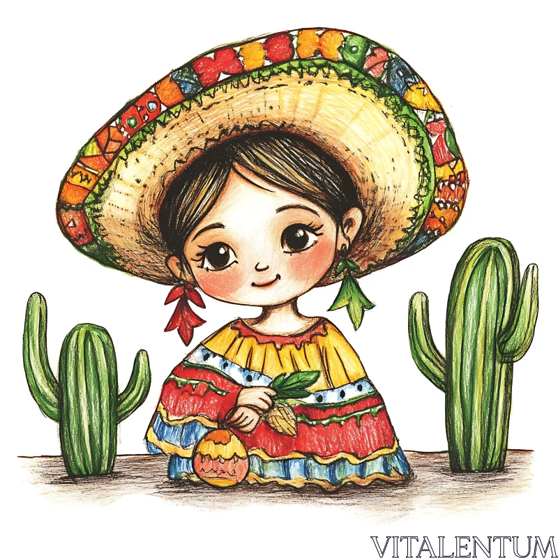 AI ART Colorful Mexican Girl Cartoon with Cacti