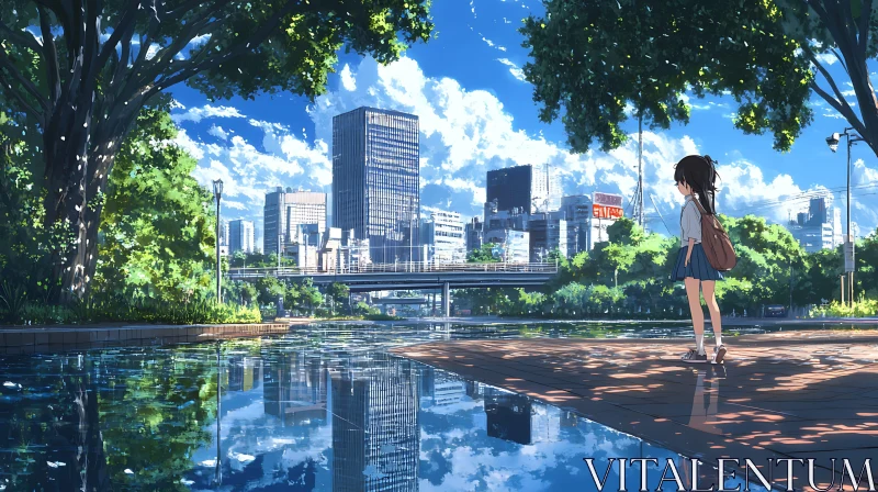 Serene Anime Scene of Girl by Water in Urban Park AI Image