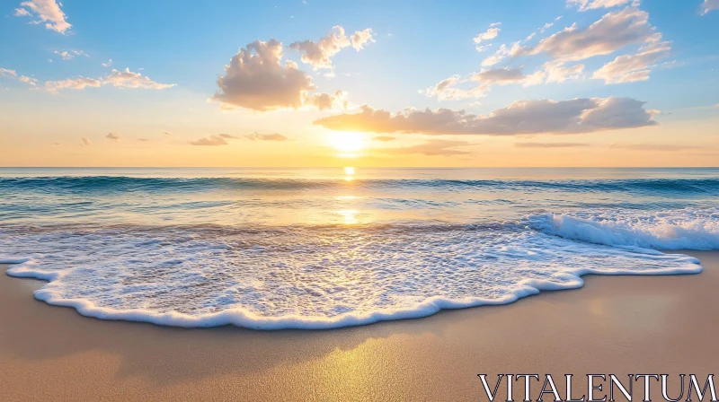 Seascape at Sunset: Gentle Waves on Sandy Beach AI Image