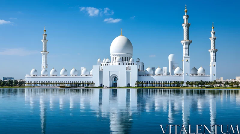 White Mosque with Reflecting Pool and Blue Sky AI Image