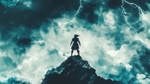 Figure on Mountain with Lightning