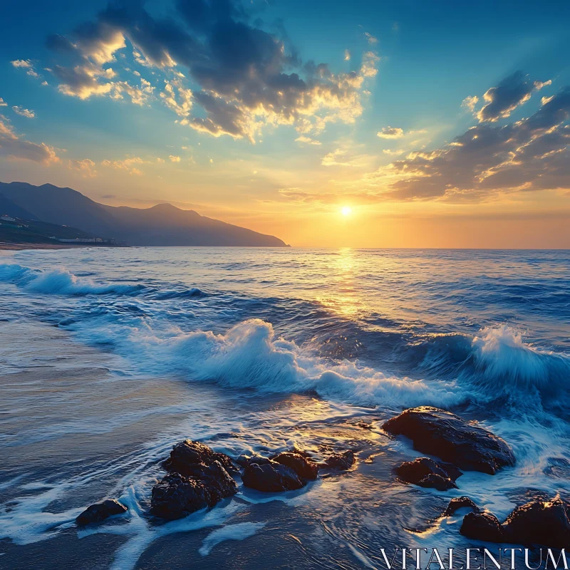 Tranquil Ocean Sunset Waves AI Image