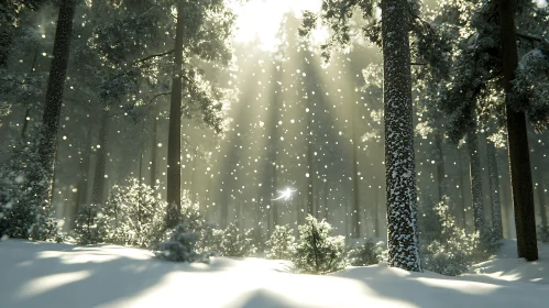 Snowy Woodland with Sun Rays