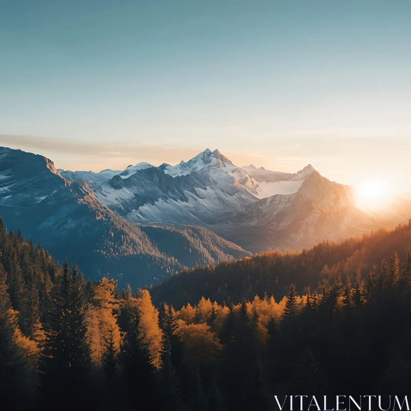 Snowy Peaks and Forest View AI Image