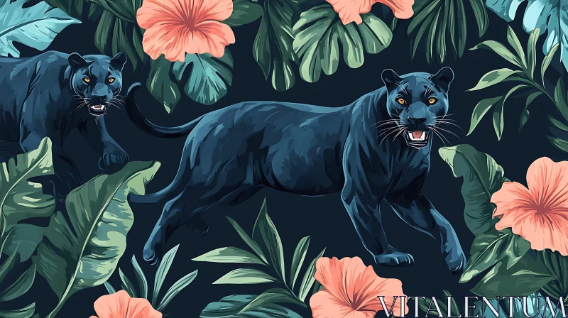 Jungle Cat Illustration with Flowers AI Image