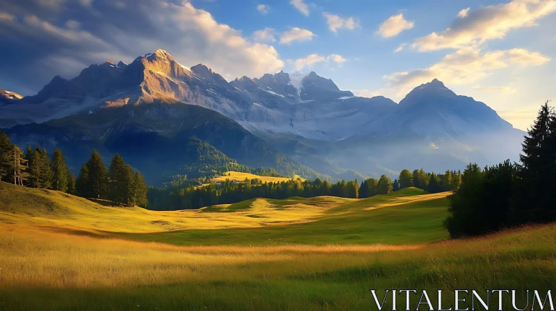 Picturesque Mountain Vista with Green Meadow AI Image