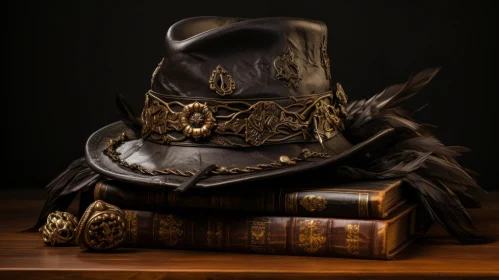 Captivating Hat with Brass Feathers on Books - Cowboy Imagery at its Finest
