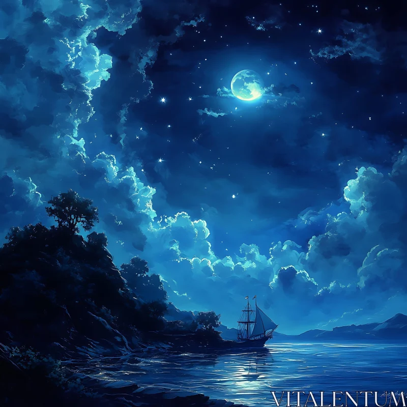 AI ART Nocturnal Seascape with Sailing Ship