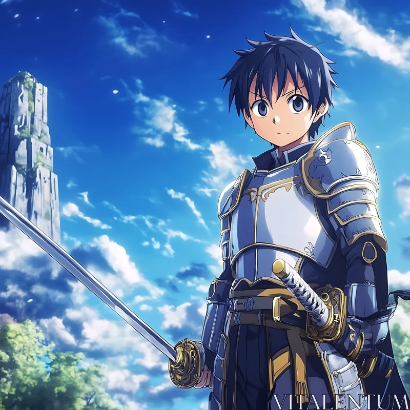 Anime Knight with Sword and Shield in Fantasy Landscape AI Image