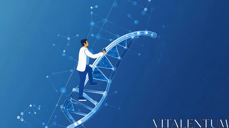 Man Ascending DNA Structure in Scientific Pursuit AI Image