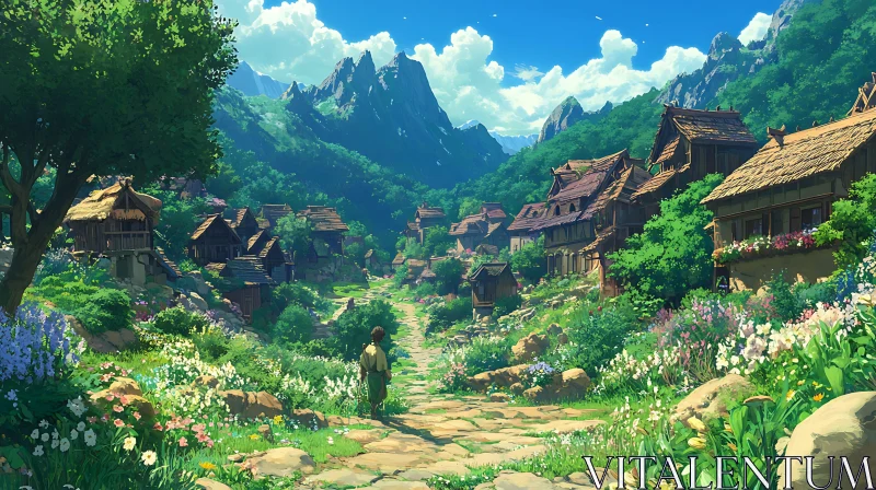 Tranquil Village Path with Scenic Mountain Views AI Image