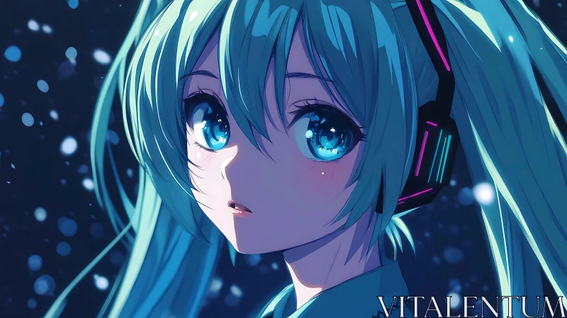 Anime Portrait with Blue-Haired Girl and Headphones AI Image