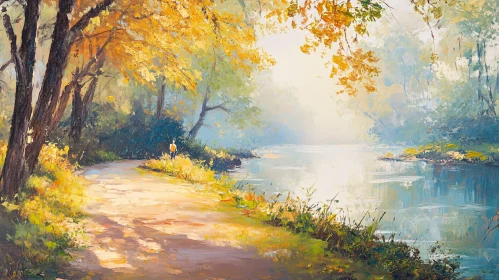 Tranquil River Scene Painting with Fall Colors