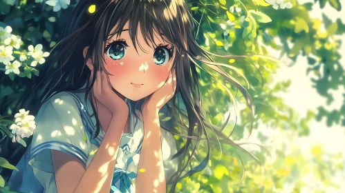 Anime Girl with Blue Eyes in Lush Greenery