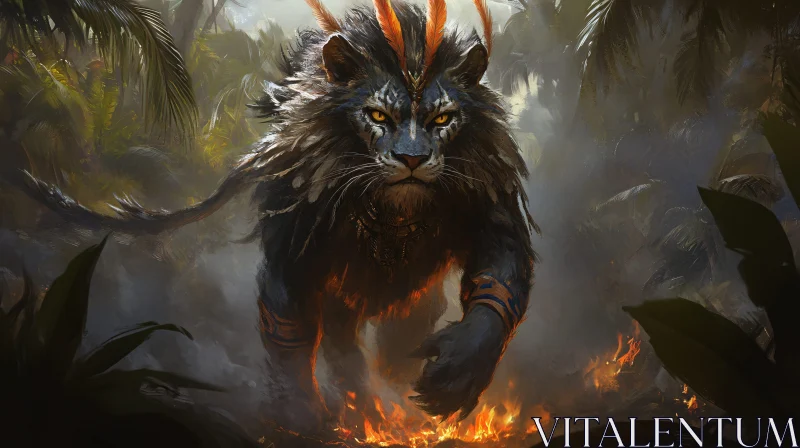 AI ART Tribal Lion Walking Through Fire