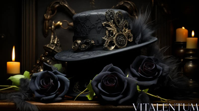 Gothic Hat and Roses in the Wood: Meticulous Photorealistic Still Life AI Image
