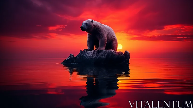 Polar Bear Against Surreal Crimson Sunset AI Image