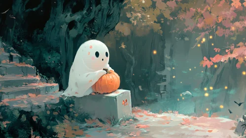 Ghost with Pumpkin in Autumn Forest