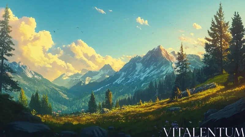 Picturesque Mountain Range with Green Valley AI Image