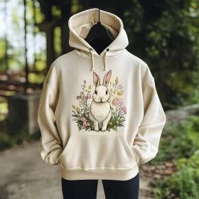 Beige Hoodie with Rabbit and Flowers