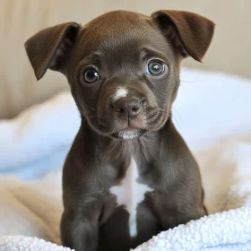 Cute Brown Puppy with Expressive Eyes on White Blanket