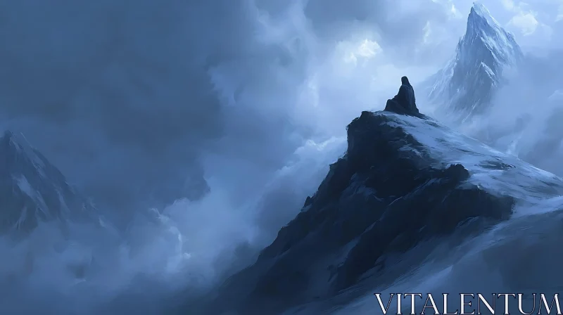 Figure on Snowy Mountain Under Clouds AI Image