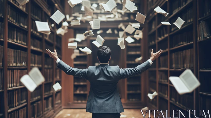 Man in Library with Flying Books AI Image