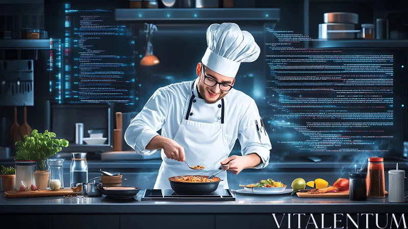 AI ART Futuristic Culinary Scene with Chef and Digital Code