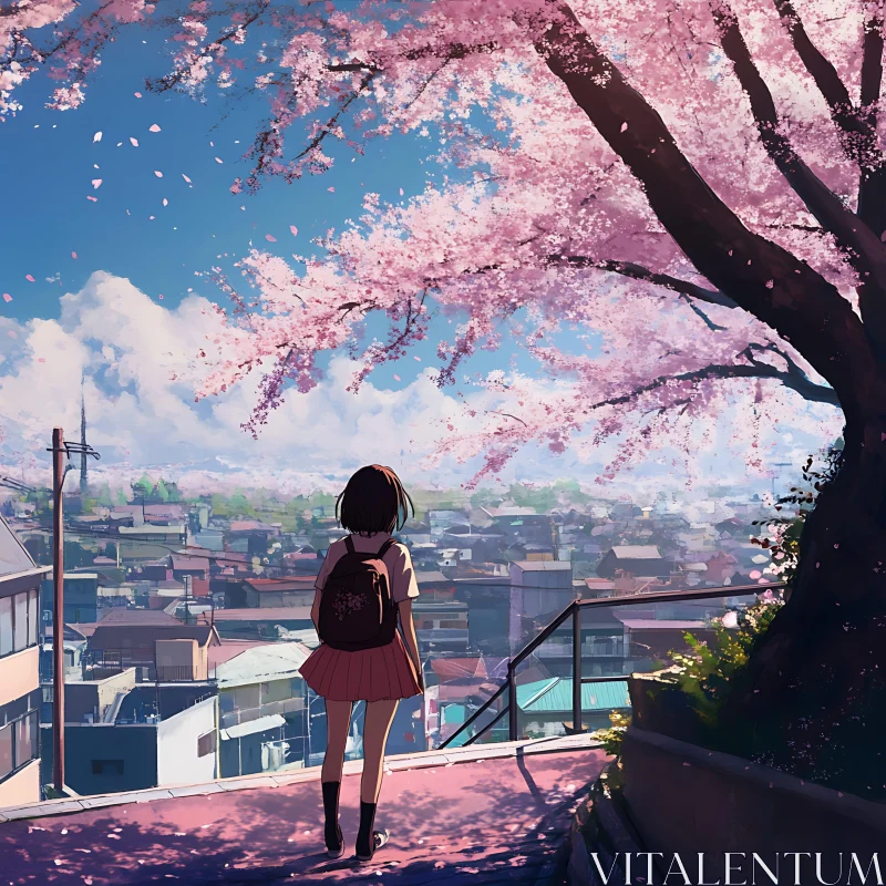 Anime Spring Scene with Girl and Cherry Blossoms AI Image