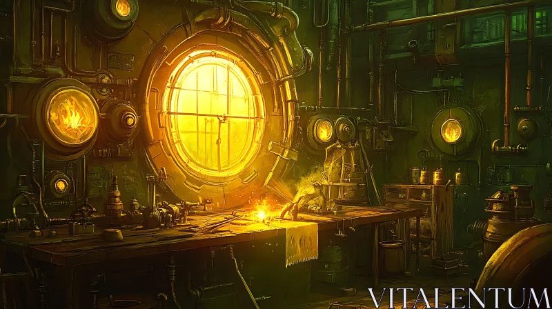 Vintage Industrial Workshop with Glowing Window AI Image